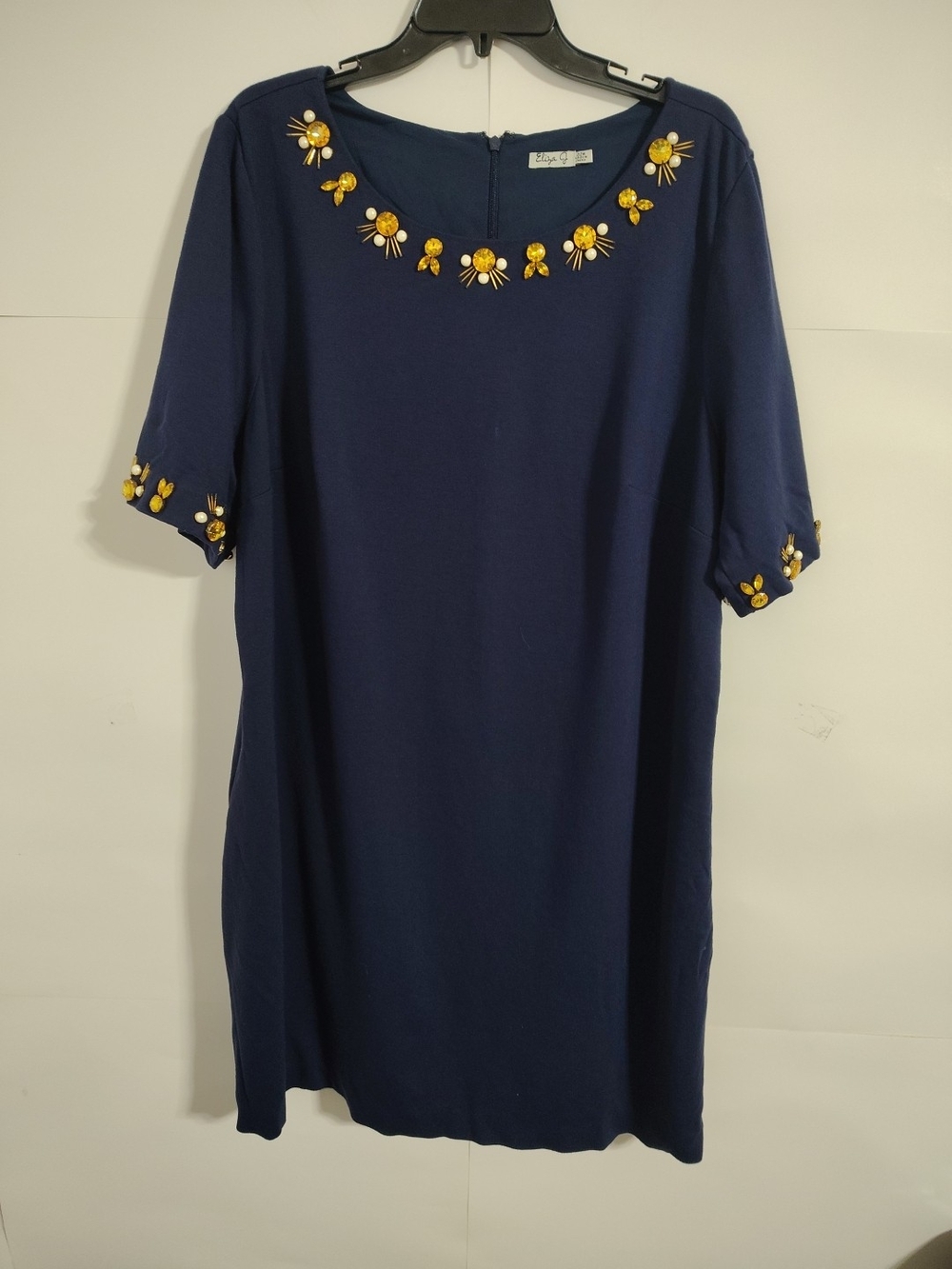 Embellished Navy Shift Dress with Yellow Accents -k